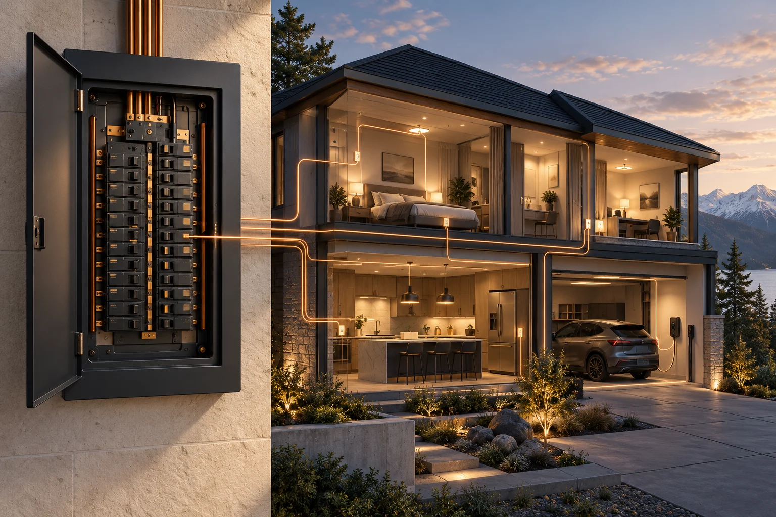Conceptual breaker panel connected to a cutaway home